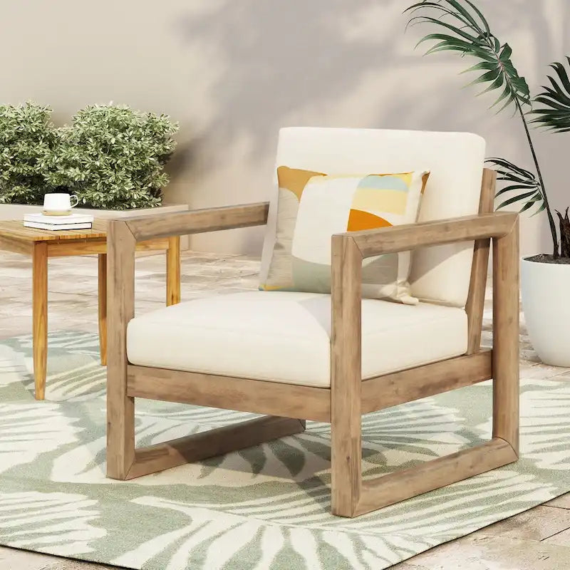 Outdoor Acacia Wood Club Chair with Cushions, Brown and Beige, 29.5 D X 27.5 W X 31.5 H