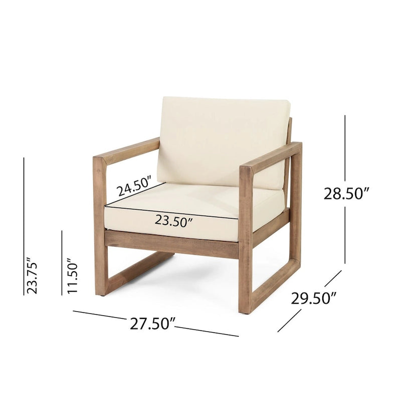 Outdoor Acacia Wood Club Chair with Cushions, Brown and Beige, 29.5 D X 27.5 W X 31.5 H