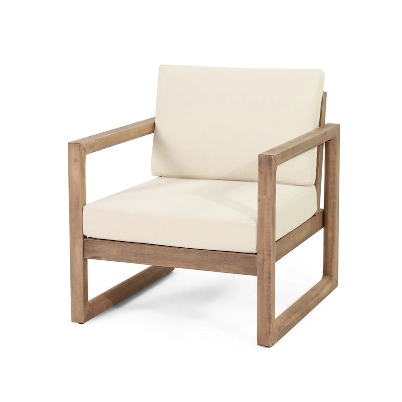 Outdoor Acacia Wood Club Chair with Cushions, Brown and Beige, 29.5 D X 27.5 W X 31.5 H