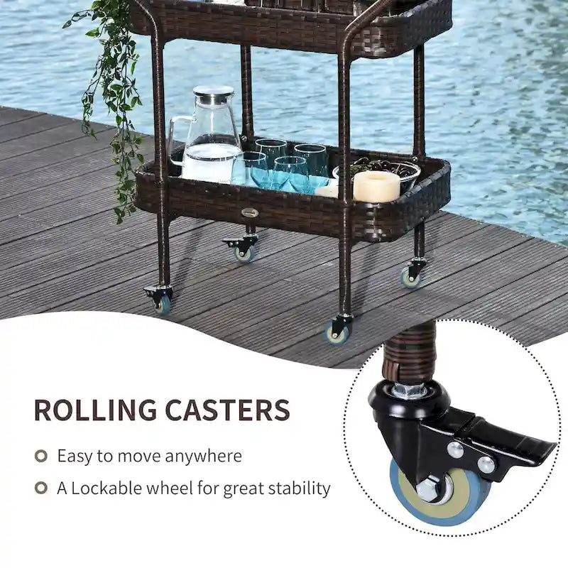 Rattan Wicker Serving Cart with 2-Tier Open Shelf, Brakes