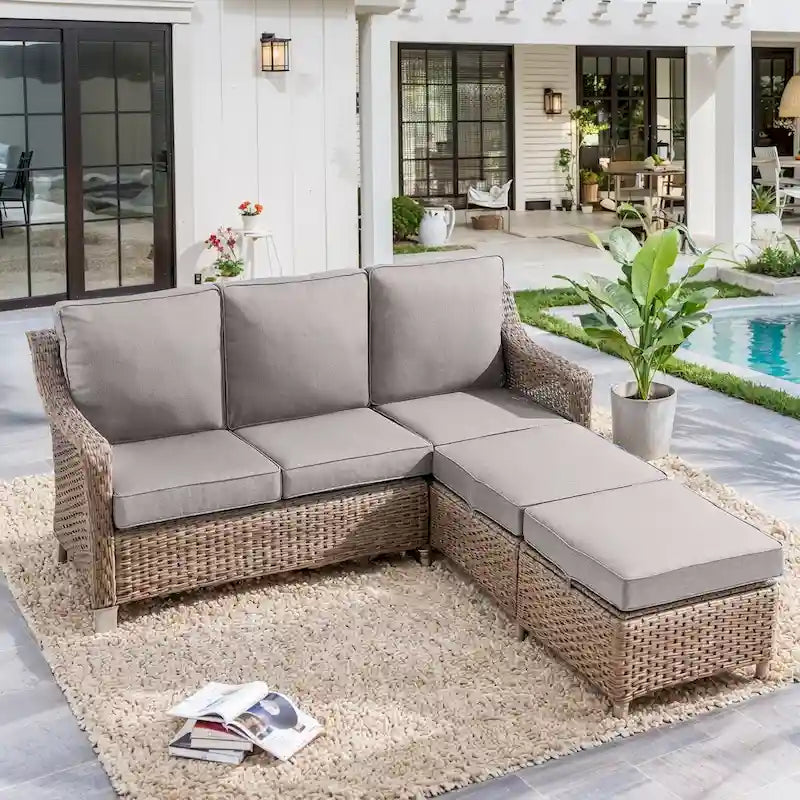 Wicker Rattan Outdoor Sofa Ottoman Set - Brown