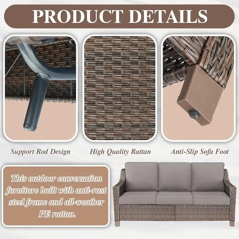 Wicker Rattan Outdoor Sofa Ottoman Set - Brown