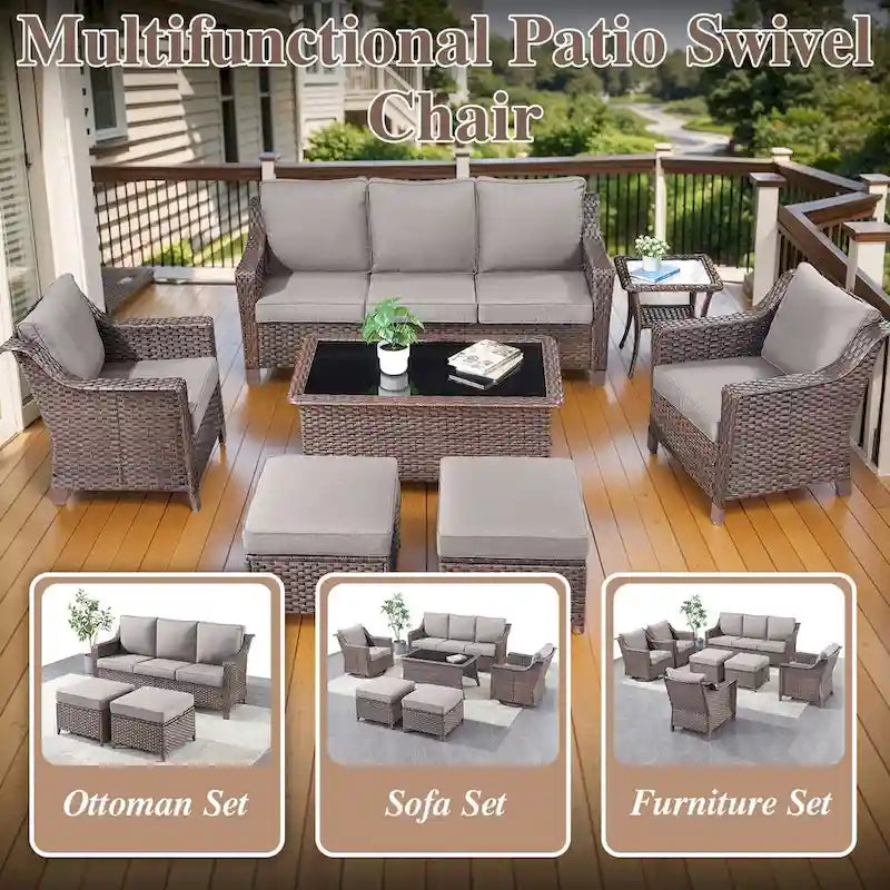 Wicker Rattan Outdoor Sofa Ottoman Set - Brown