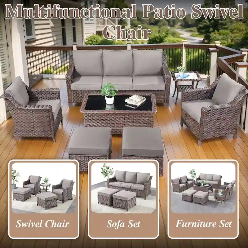 Wicker Rattan Outdoor Sofa Ottoman Set - Brown