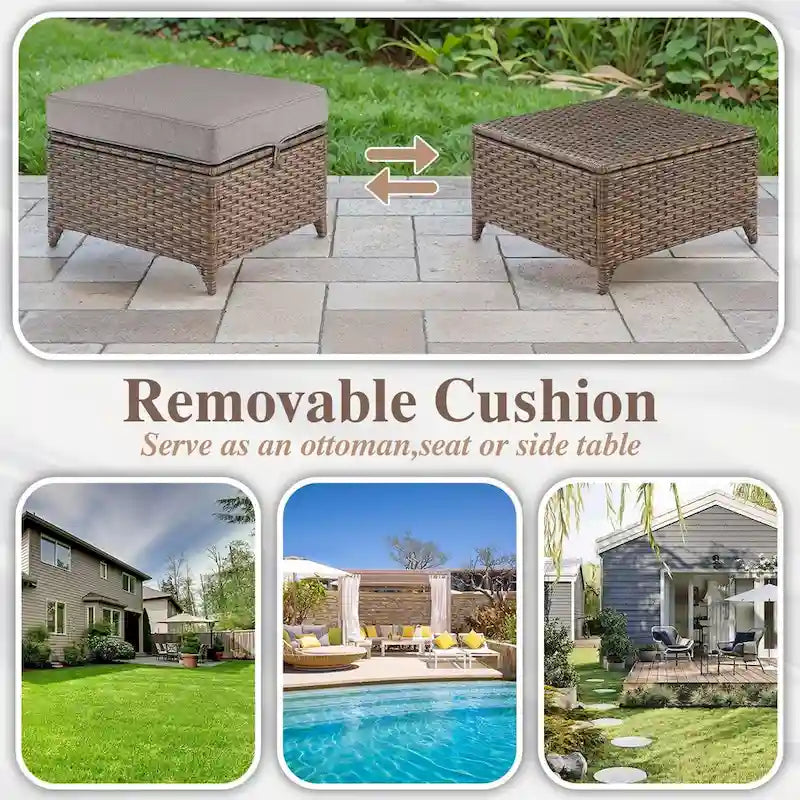 Wicker Rattan Outdoor Sofa Ottoman Set - Brown
