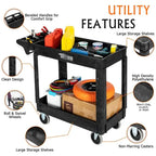 2 Tier Large 550lbs Capacity Shelf Plastic Utility Cart with Wheels Black