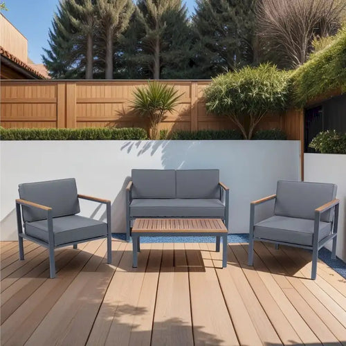 4-Piece Outdoor Sofa Set with Acacia Wood Top & Dark Grey Cushions - 28.35*46.46*27.56inchs