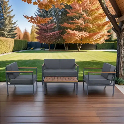 4-Piece Outdoor Sofa Set with Acacia Wood Top & Dark Grey Cushions - 28.35*46.46*27.56inchs