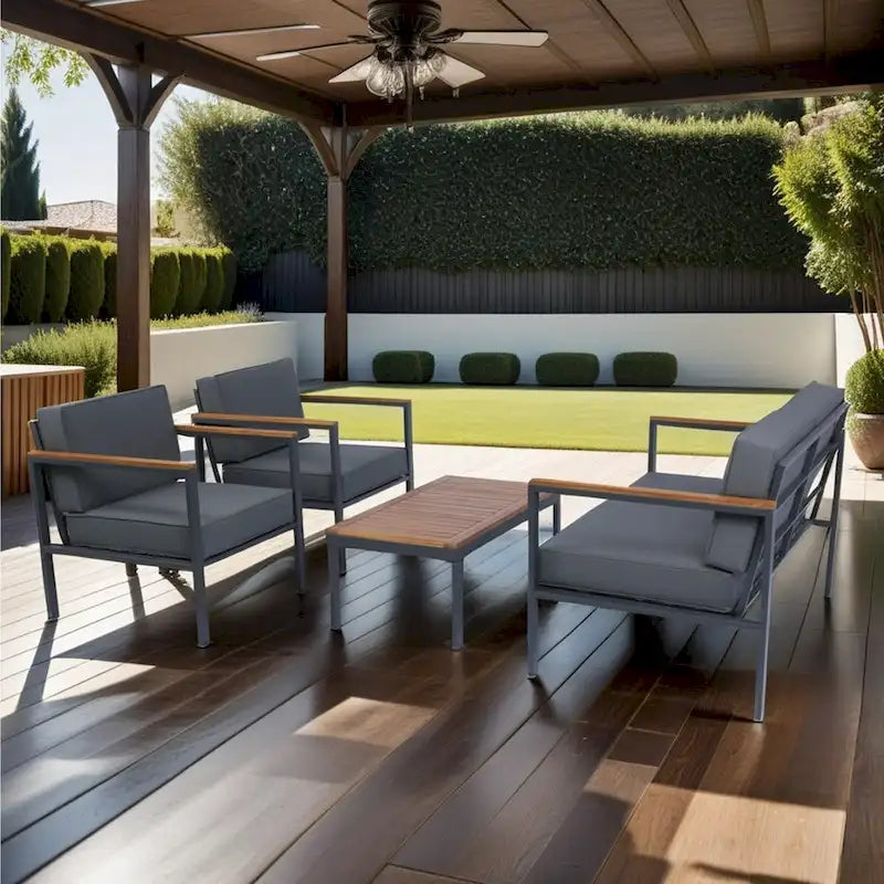 4-Piece Outdoor Sofa Set with Acacia Wood Top & Dark Grey Cushions - 28.35*46.46*27.56inchs