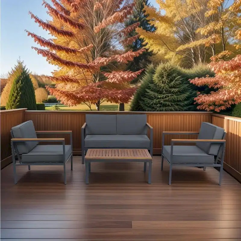 4-Piece Outdoor Sofa Set with Acacia Wood Top & Dark Grey Cushions - 28.35*46.46*27.56inchs