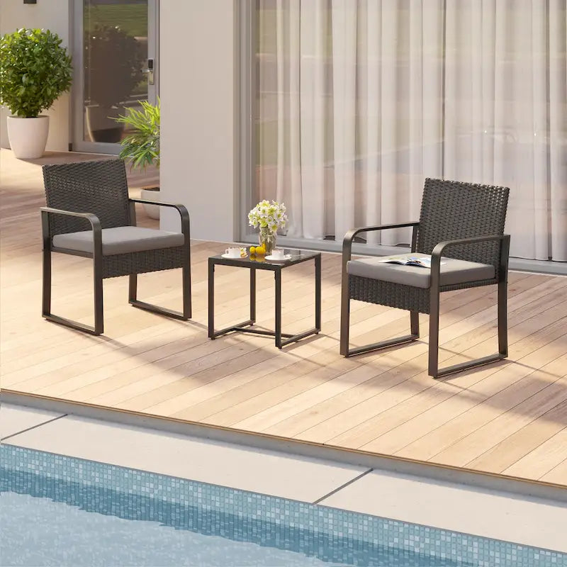 3 Pieces Patio Bistro Sets, Outdoor Rattan Conversation with Glass Table, Wicker Furniture Set with Cushion