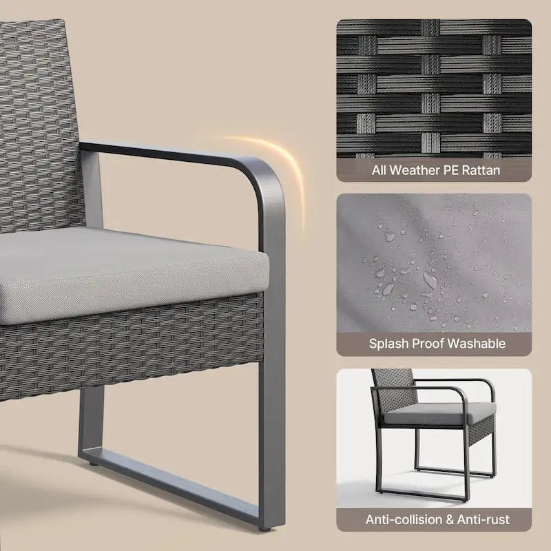 3 Pieces Patio Bistro Sets, Outdoor Rattan Conversation with Glass Table, Wicker Furniture Set with Cushion