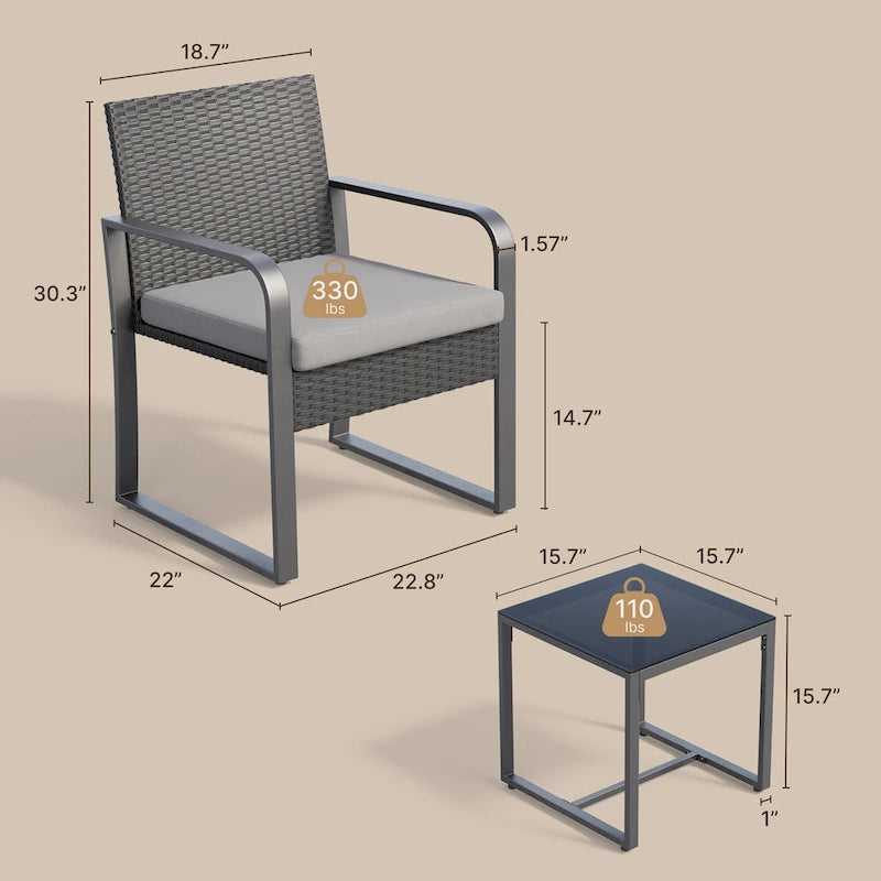3 Pieces Patio Bistro Sets, Outdoor Rattan Conversation with Glass Table, Wicker Furniture Set with Cushion