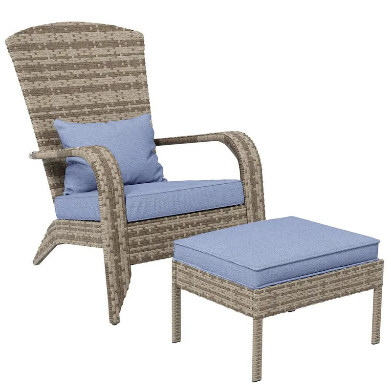 Patio Wicker Adirondack Chair Set with Ottoman, Outdoor Fire Pit Chair with Cushions, High-Back, Large Seat and Armrests