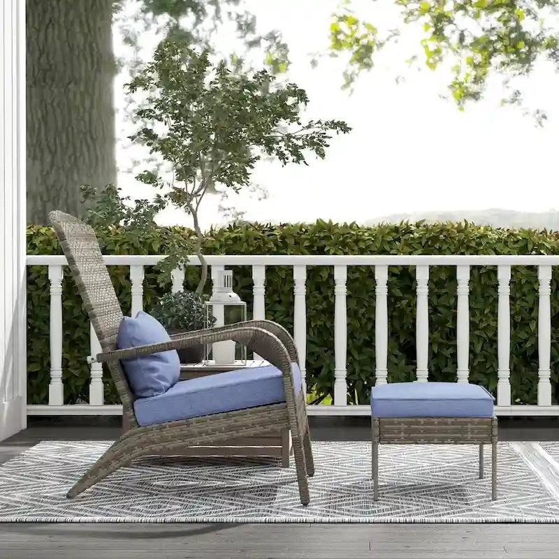 Patio Wicker Adirondack Chair Set with Ottoman, Outdoor Fire Pit Chair with Cushions, High-Back, Large Seat and Armrests