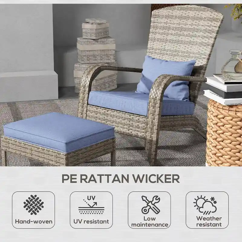 Patio Wicker Adirondack Chair Set with Ottoman, Outdoor Fire Pit Chair with Cushions, High-Back, Large Seat and Armrests