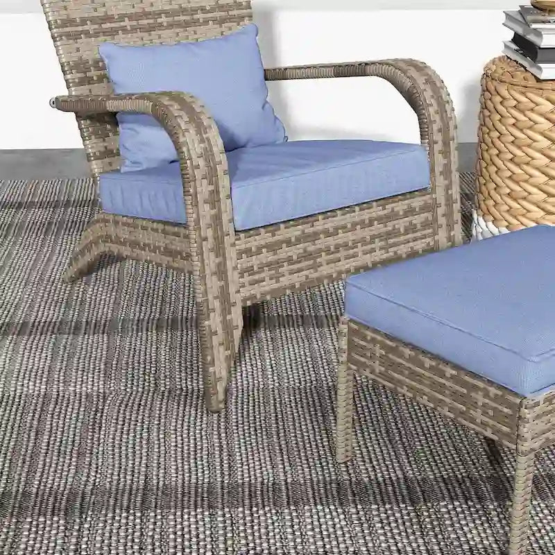 Patio Wicker Adirondack Chair Set with Ottoman, Outdoor Fire Pit Chair with Cushions, High-Back, Large Seat and Armrests
