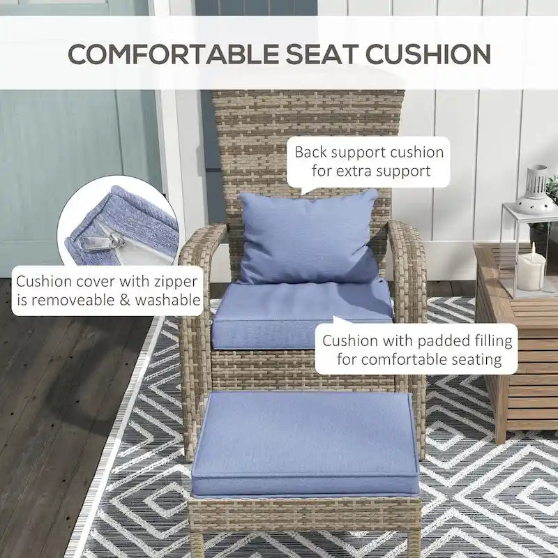 Patio Wicker Adirondack Chair Set with Ottoman, Outdoor Fire Pit Chair with Cushions, High-Back, Large Seat and Armrests