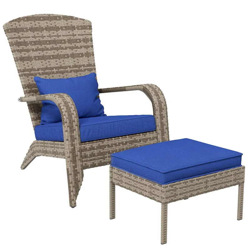 Patio Wicker Adirondack Chair Set with Ottoman, Outdoor Fire Pit Chair with Cushions, High-Back, Large Seat and Armrests