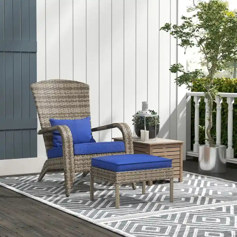 Patio Wicker Adirondack Chair Set with Ottoman, Outdoor Fire Pit Chair with Cushions, High-Back, Large Seat and Armrests