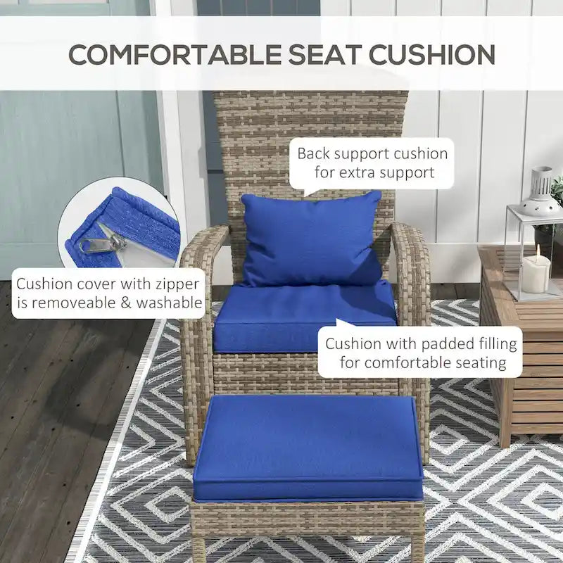 Patio Wicker Adirondack Chair Set with Ottoman, Outdoor Fire Pit Chair with Cushions, High-Back, Large Seat and Armrests
