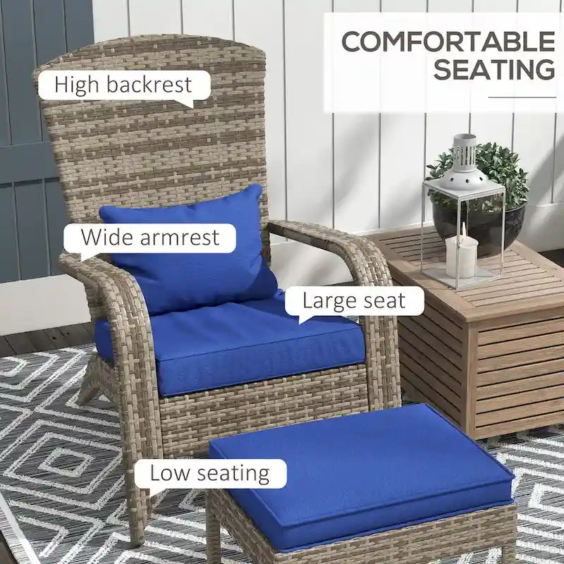 Patio Wicker Adirondack Chair Set with Ottoman, Outdoor Fire Pit Chair with Cushions, High-Back, Large Seat and Armrests