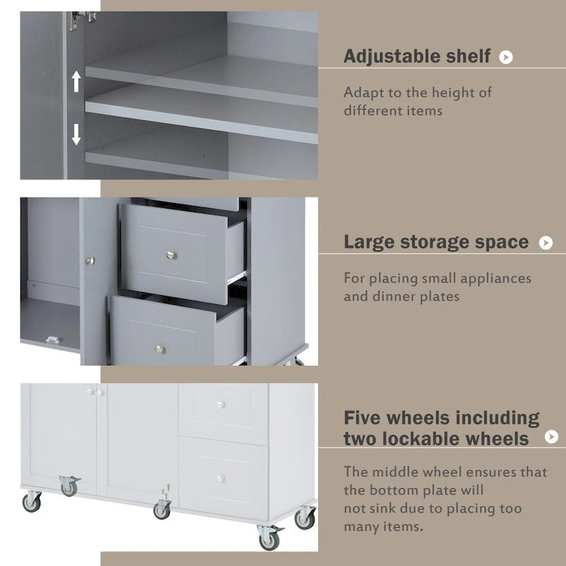 52.7 Rolling Mobile Kitchen Island with Solid Wood Top