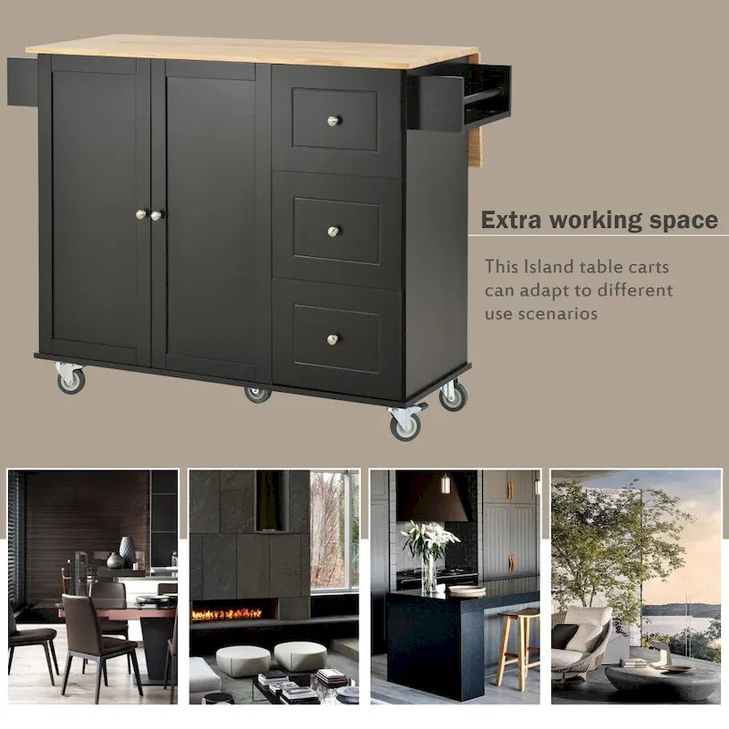 52.7 Rolling Mobile Kitchen Island with Solid Wood Top
