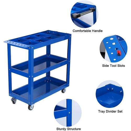 3 Tier Tool Cart on Wheels, 450 LBS Heavy Duty Steel Utility Cart w/Lockable Wheels for kitchen,Garage, Warehouse
