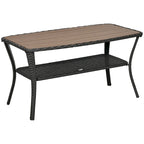 Patio PE Rattan Coffee Table with Storage Shelf, Outdoor 2-Layer Side Table with Wood-plastic Composite Top