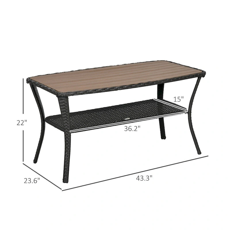 Patio PE Rattan Coffee Table with Storage Shelf, Outdoor 2-Layer Side Table with Wood-plastic Composite Top