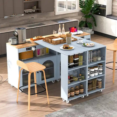 33 in. W Kitchen Island Rubberwood Top on 8 Wheels With Extended Table, LED Lights, Power Outlets