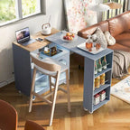 33 in. W Kitchen Island Rubberwood Top on 8 Wheels With Extended Table, LED Lights, Power Outlets