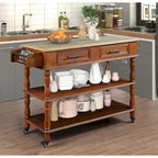 Rolling Kitchen Island Cart with Solid Oak Wood Top, Wine and Spice Rack