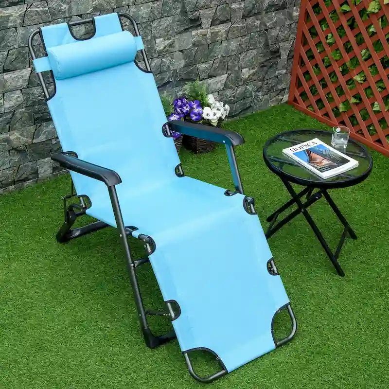 Outdoor Folding Chaise Lounge, 2-in-1 Tanning Chair with PillowArmrests & Pocket