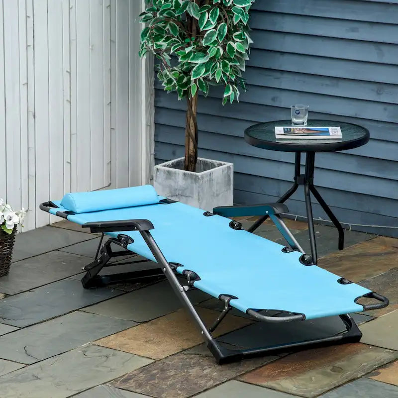 Outdoor Folding Chaise Lounge, 2-in-1 Tanning Chair with PillowArmrests & Pocket
