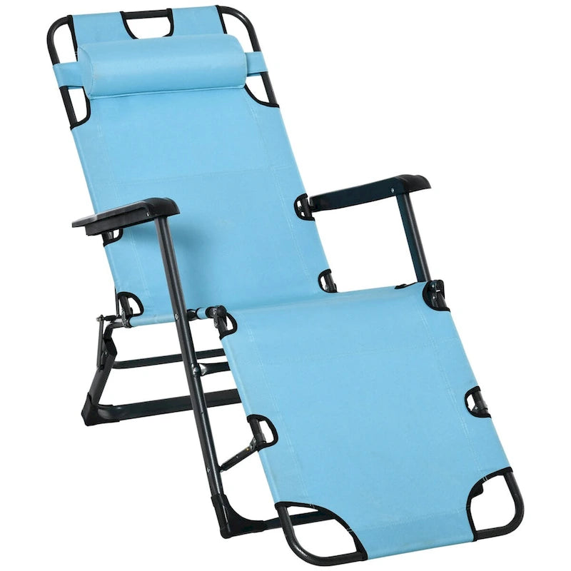 Outdoor Folding Chaise Lounge, 2-in-1 Tanning Chair with PillowArmrests & Pocket