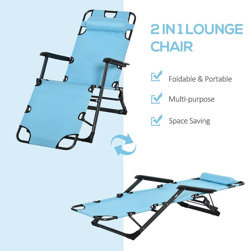 Outdoor Folding Chaise Lounge, 2-in-1 Tanning Chair with PillowArmrests & Pocket