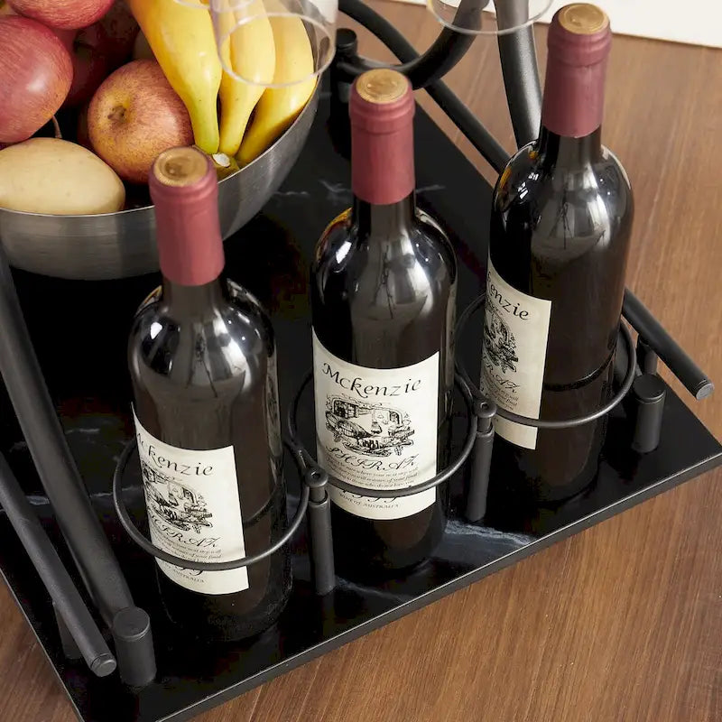 Black Wood Kitchen Cart with Wine Rack & Glass Holder Beverage Cart 2-Tier Mobile Bar Serving Cart Rolling Drink Trolley