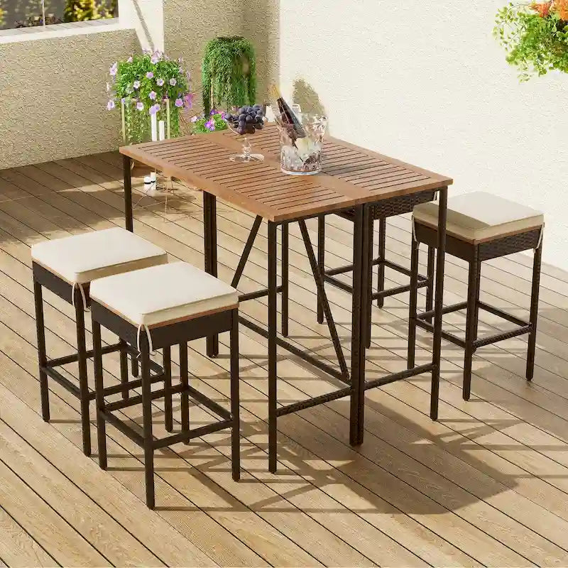 5-Piece Outdoor Bar Set with Foldable Tabletop and Cushions