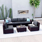 7-Pieces Red Wicker Outdoor Sectional Set with Gray Cushions and Coffee Table