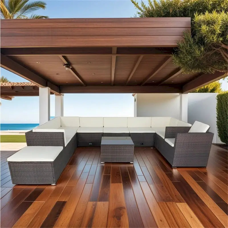 11 Piece Patio Wicker 10 Seater Patio Sectional Set with Storage
