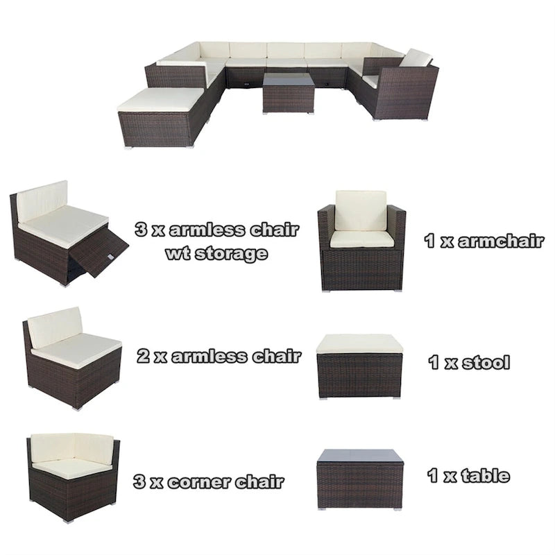11 Piece Patio Wicker 10 Seater Patio Sectional Set with Storage