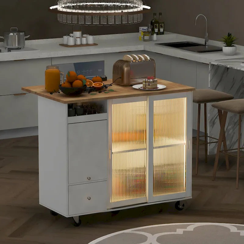 Kitchen Island with Drop Leaf, LED Light
