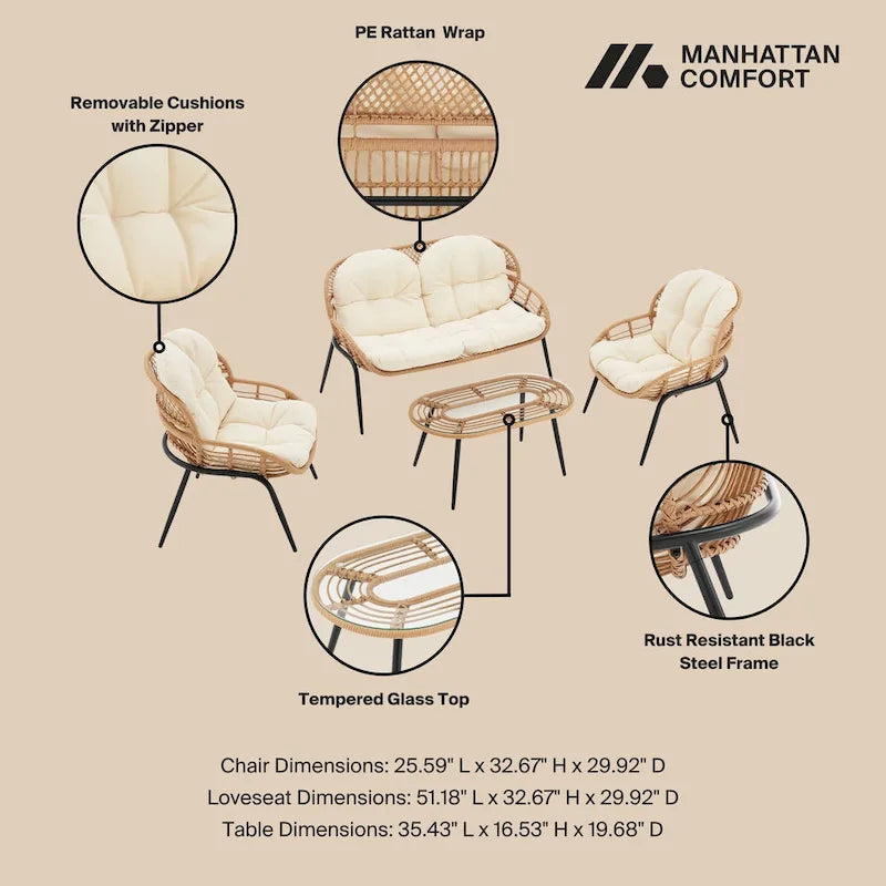 Manhattan Comfort Pine Modern 4-Piece Patio Conversation Set