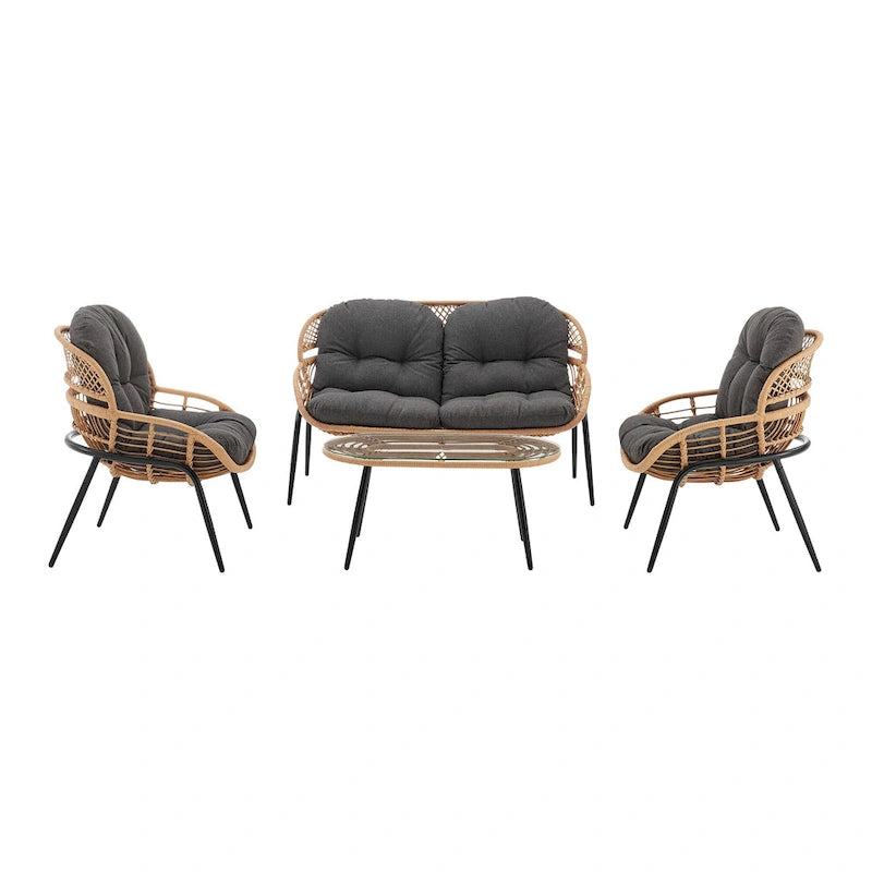 Manhattan Comfort Pine Modern 4-Piece Patio Conversation Set