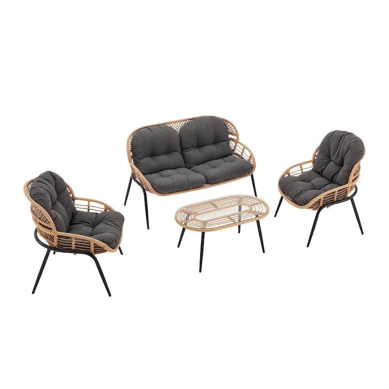 Manhattan Comfort Pine Modern 4-Piece Patio Conversation Set