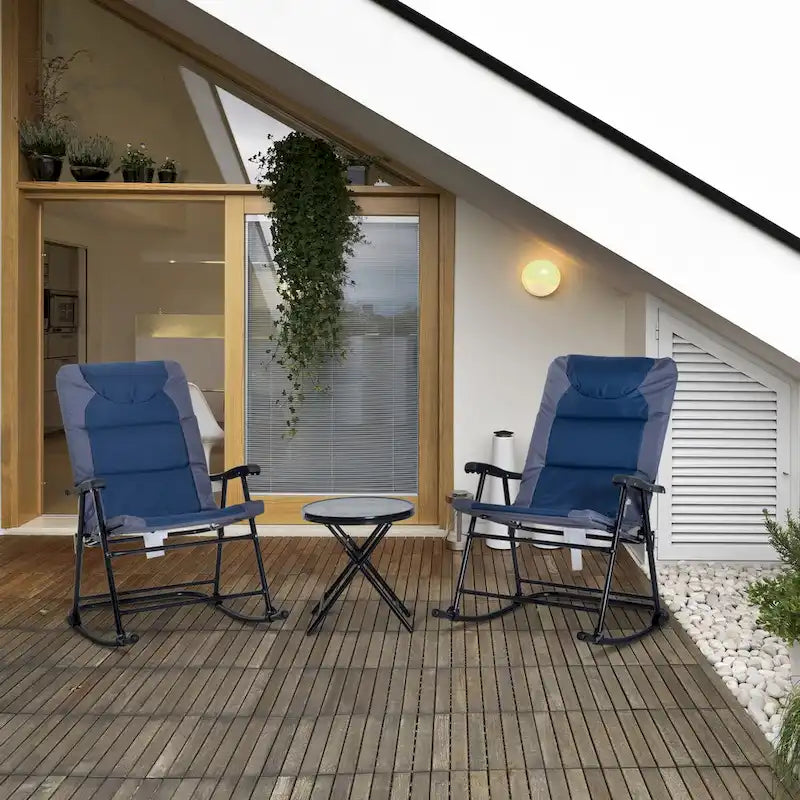 3 Piece Outdoor Patio Furniture Set w/ 2 Folding Padded Rocking Chairs