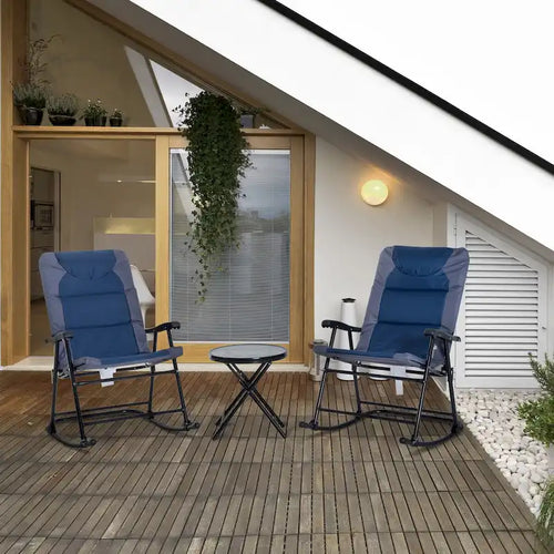 3 Piece Outdoor Patio Furniture Set w/ 2 Folding Padded Rocking Chairs