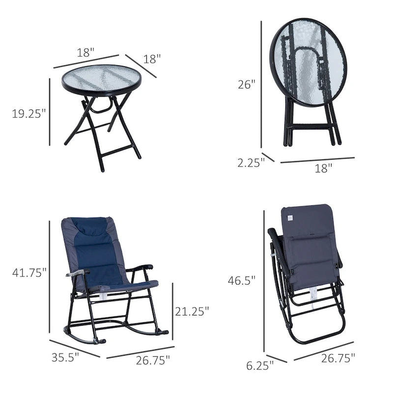3 Piece Outdoor Patio Furniture Set w/ 2 Folding Padded Rocking Chairs